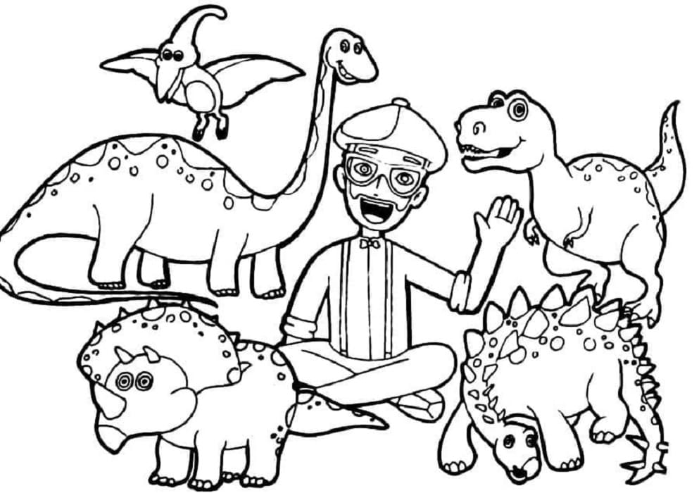 Printable Blippi and Dinosaurs Coloring Page