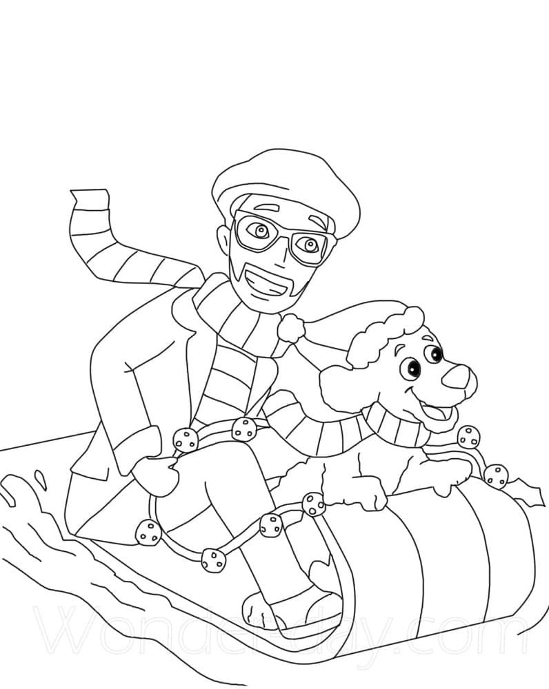 Printable Blippi and Dog on a Sled Coloring Page