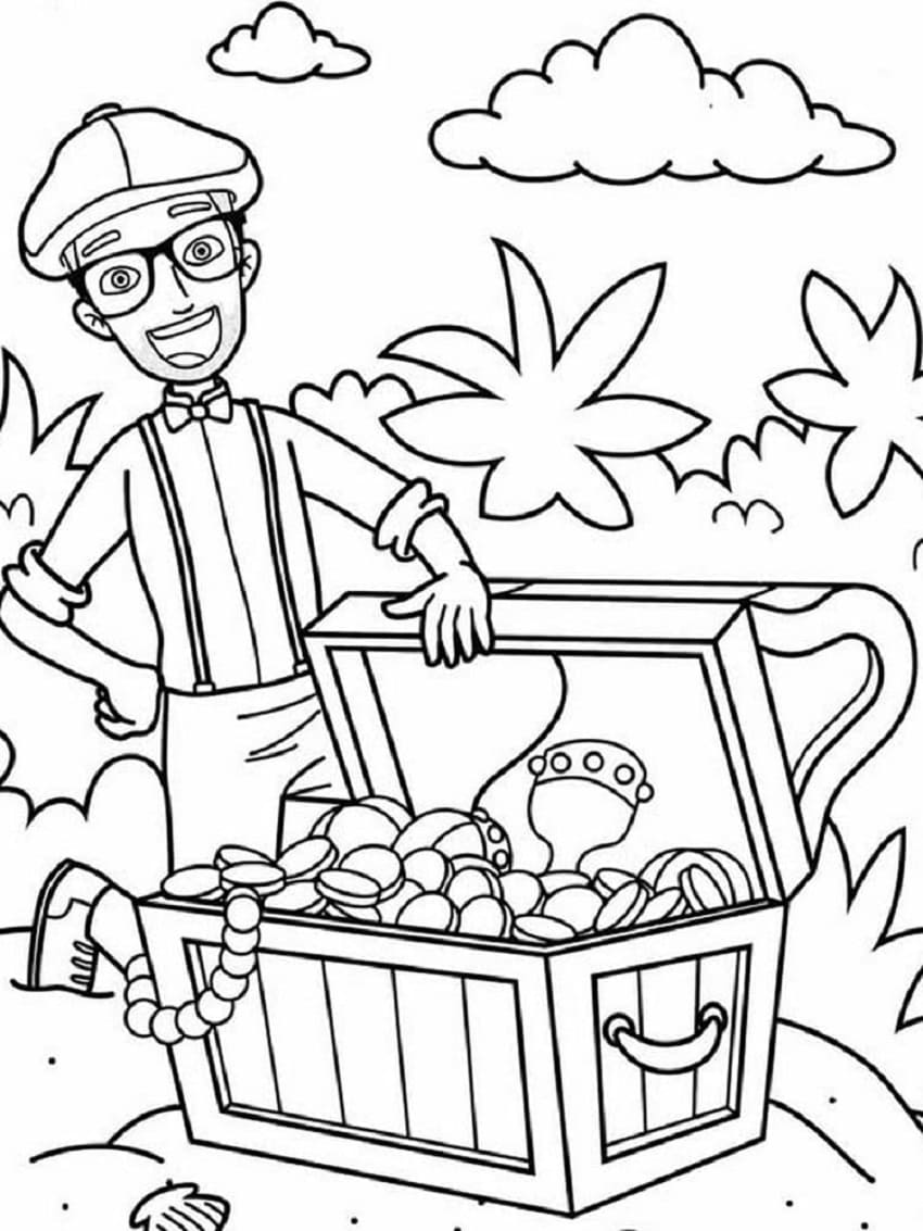 Printable Blippi and Treasure Chest Coloring Page