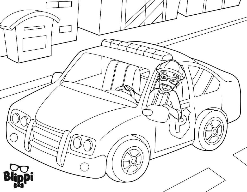 Printable Blippi in A Police Car Coloring Page