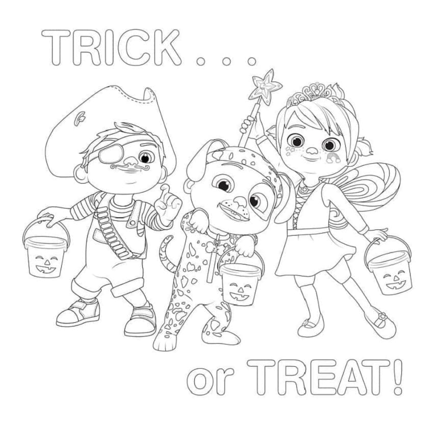 Printable Cocomelon Trick or Treat Coloring Page
