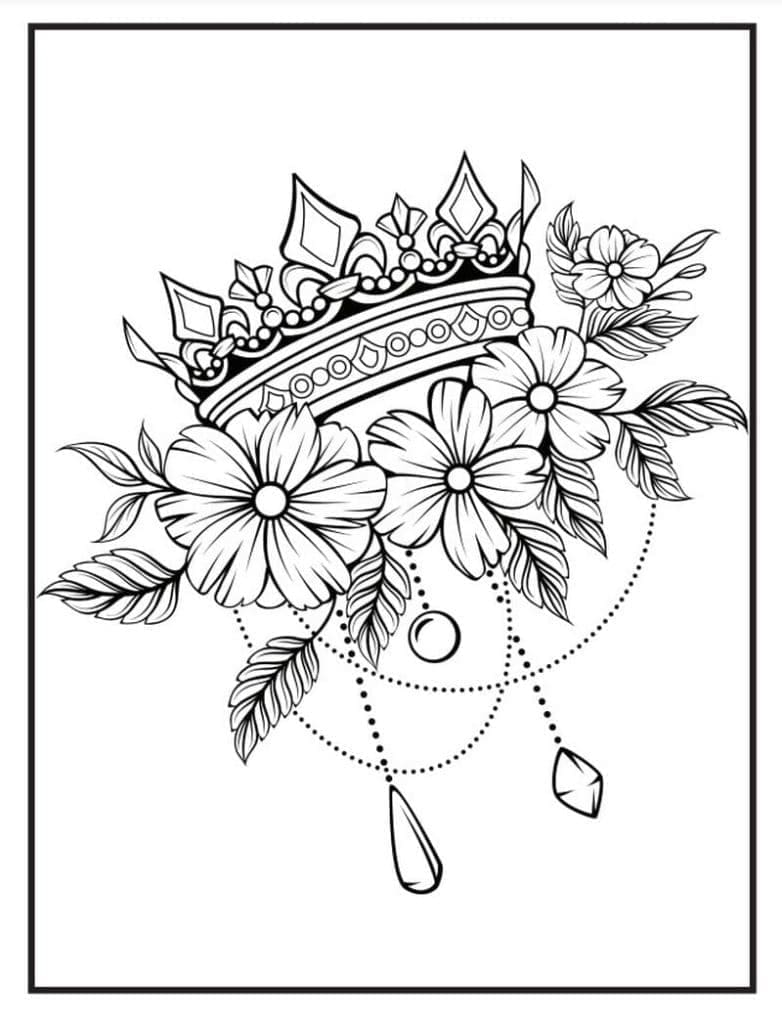 Printable Crown and Flowers Tattoo Coloring Page