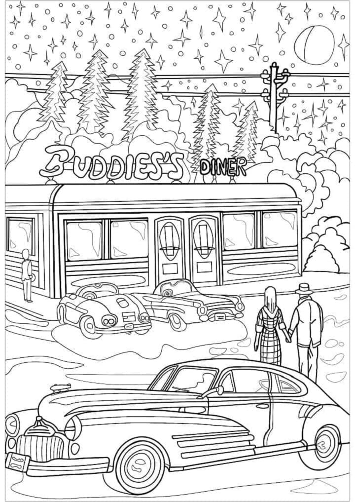 Printable Dinner and Car Vintage Coloring Page