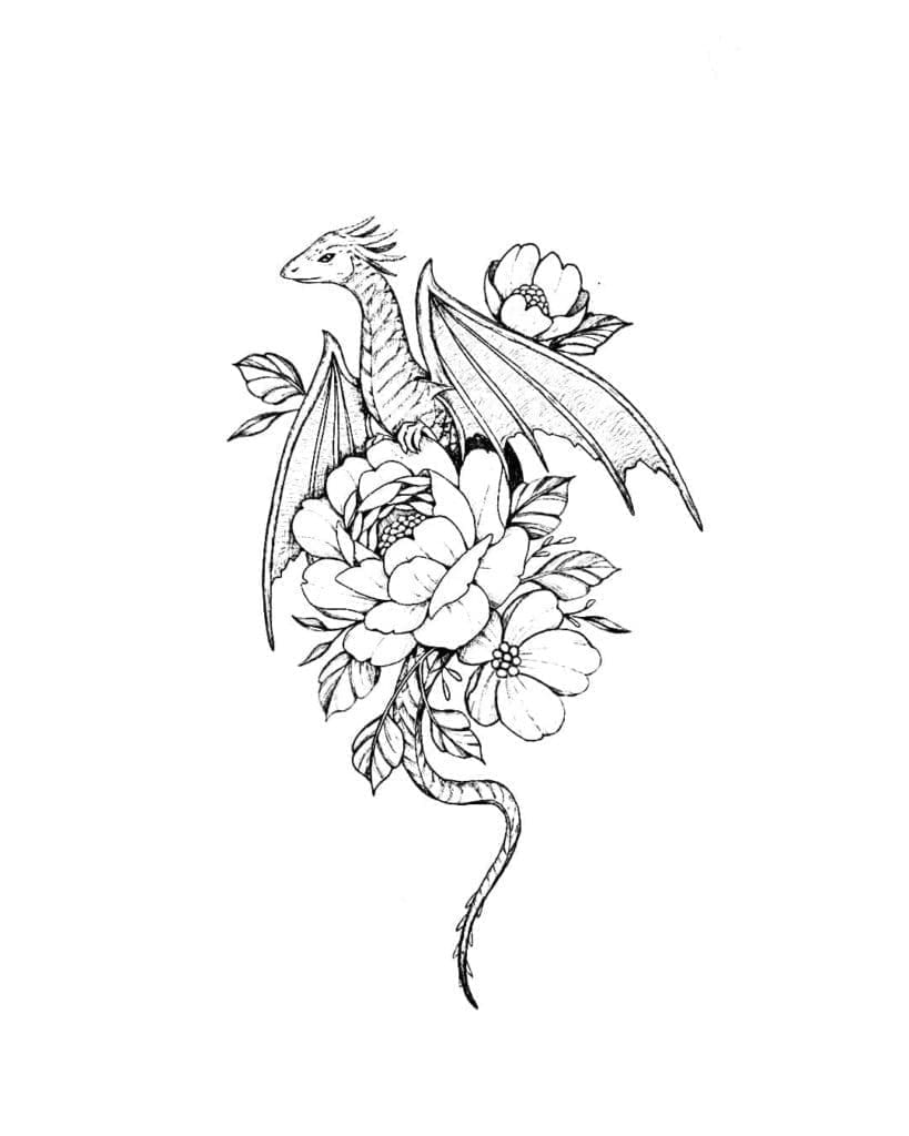 Printable Dragon and Flowers Tattoo Coloring Page