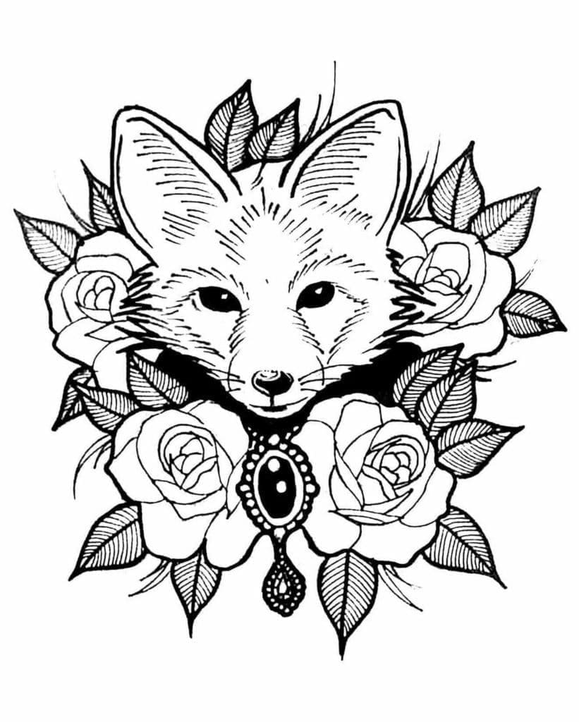 Printable Flowers and Fox Tattoo Coloring Page