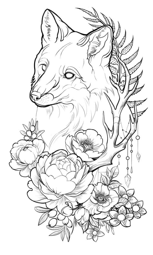 Printable Fox and Flowers Tattoo Coloring Page