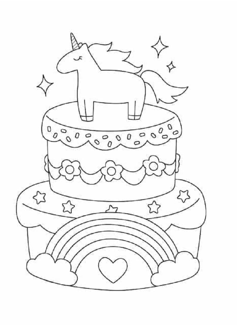 Printable Free Drawing of Unicorn Cake Coloring Page