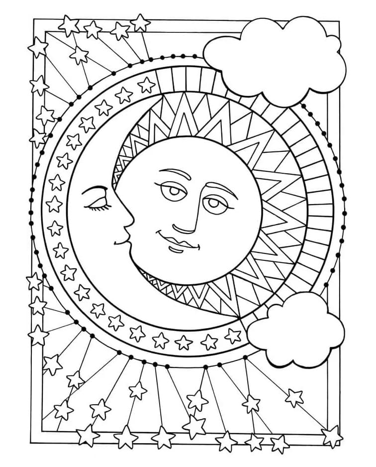 Printable Free Sun And Moon for Adult Coloring Page