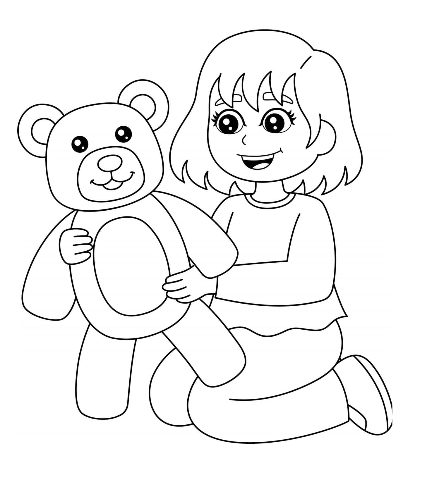 Printable Fun Girl Holding Teddy Bear Coloring Page