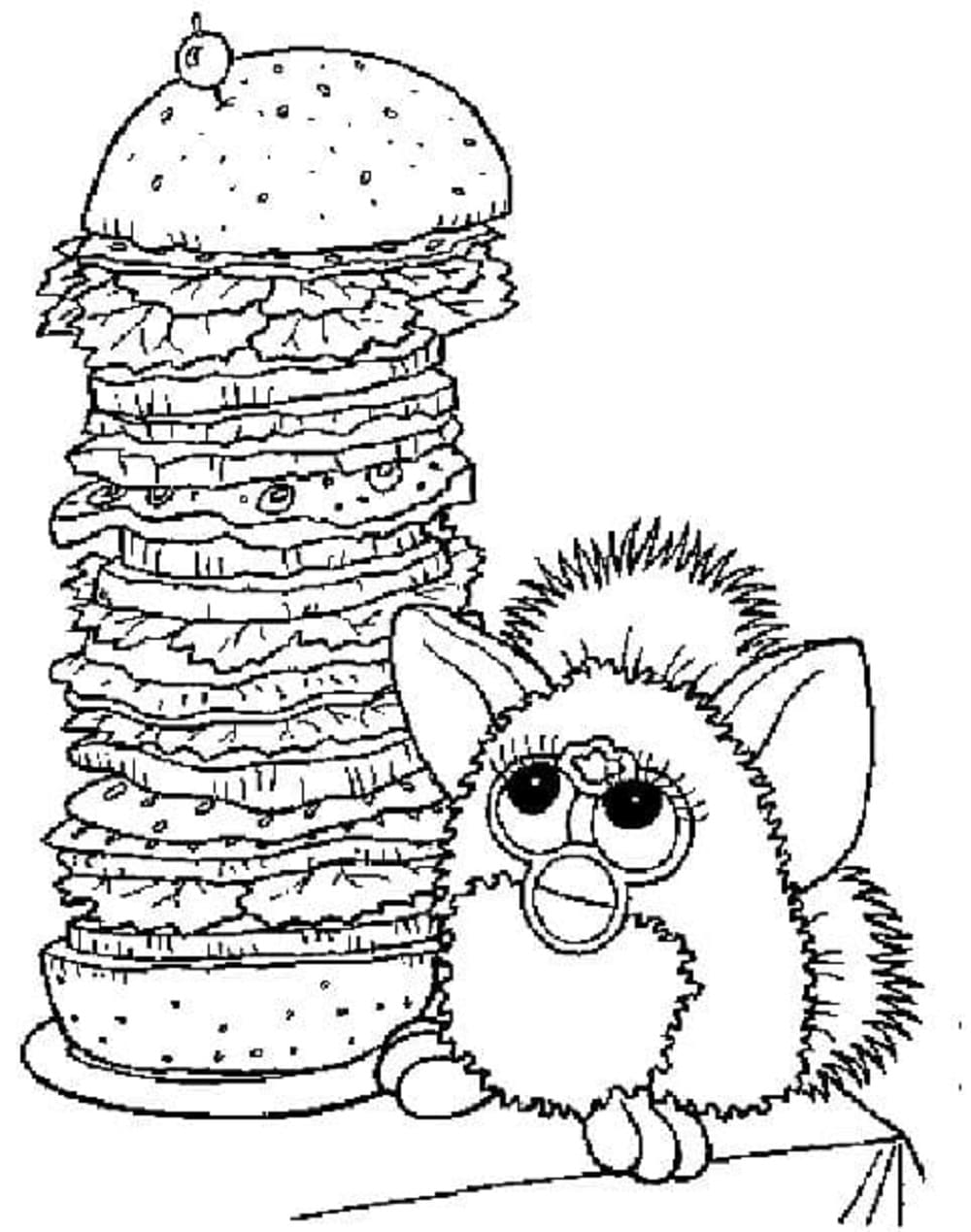 Printable Furby and Hamburger Coloring Page