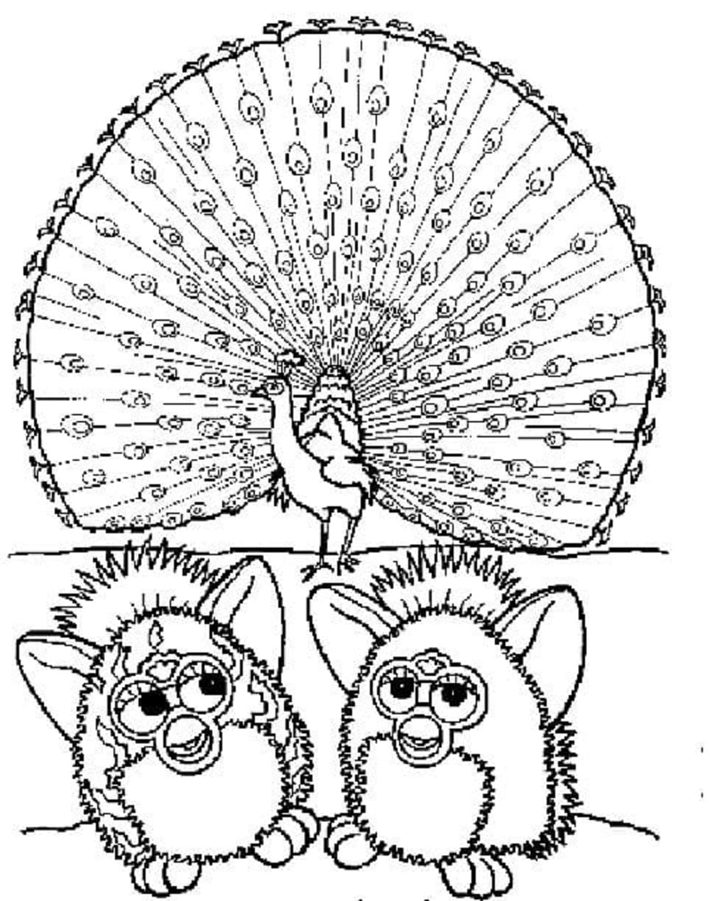 Printable Furby and Peacock Coloring Page