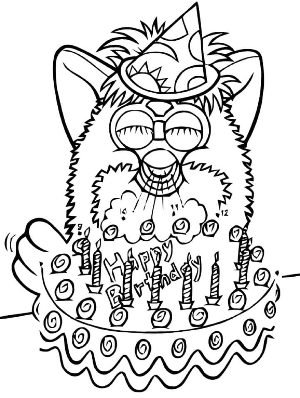 Printable Furby on Birthday Coloring Page