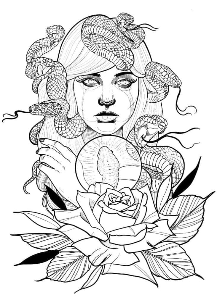 Printable Girl and Snake Tattoo Coloring Page