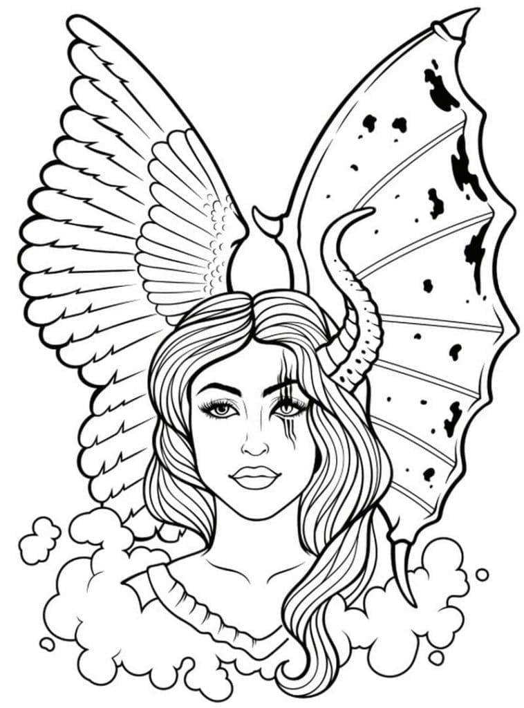 Printable Girl with Wings Tattoo Coloring Page