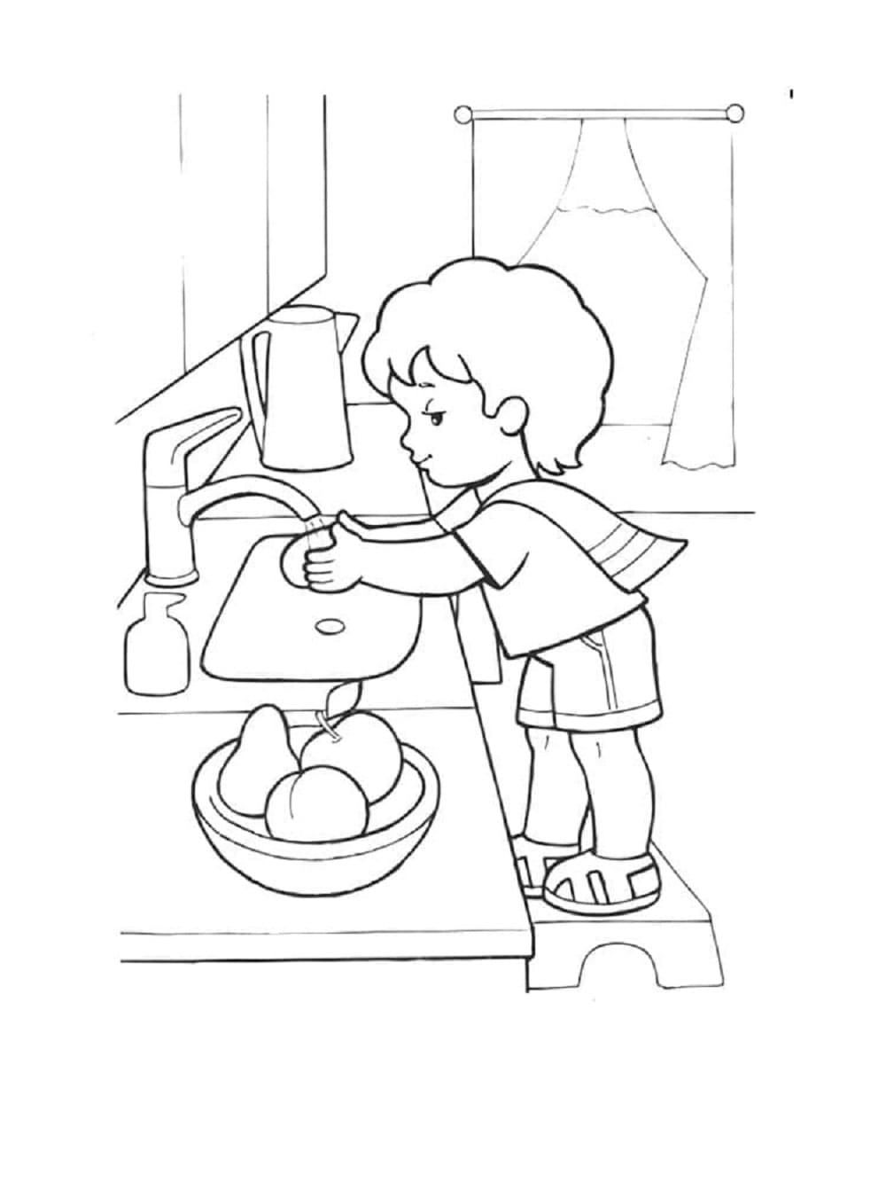 Printable Hygiene Kid Is Washing Hands Coloring Page
