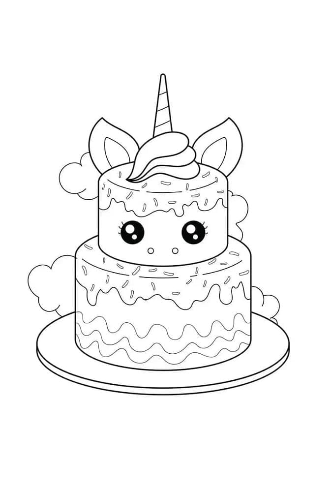 Printable Kawaii Unicorn Cake Coloring Page