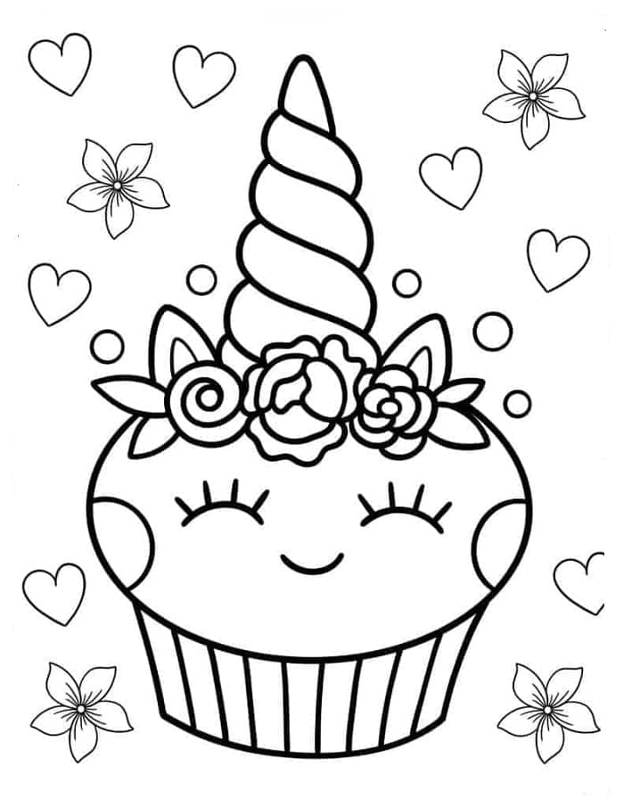 Printable Kawaii Unicorn Cupcake Coloring Page