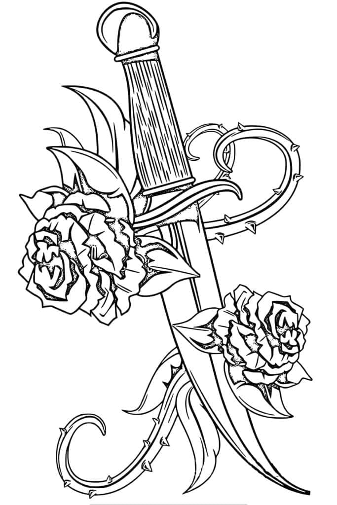 Printable Knife and Flowers Tattoo Coloring Page