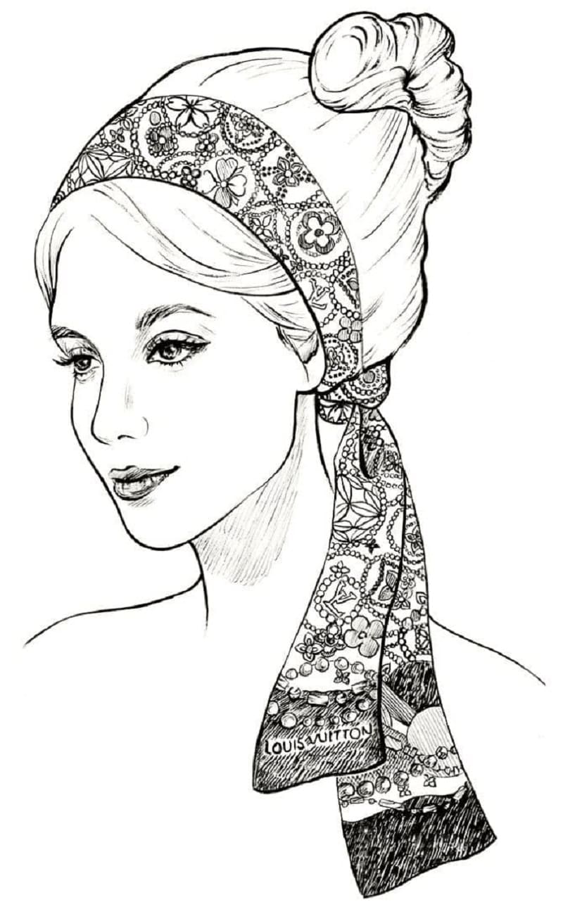 Printable Lady with Louis Vuitton Scarves Coloring Page