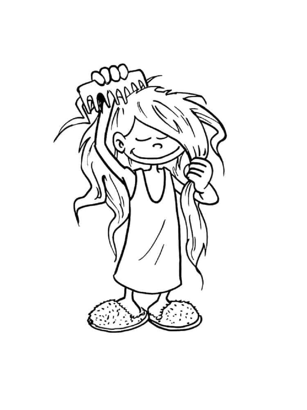 Printable Little Girl Is Brushing Hair Coloring Page