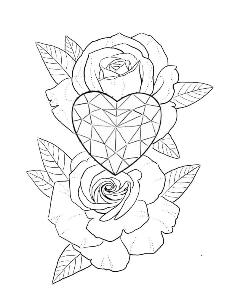 Printable Roses And Heart Tattoo Coloring Page