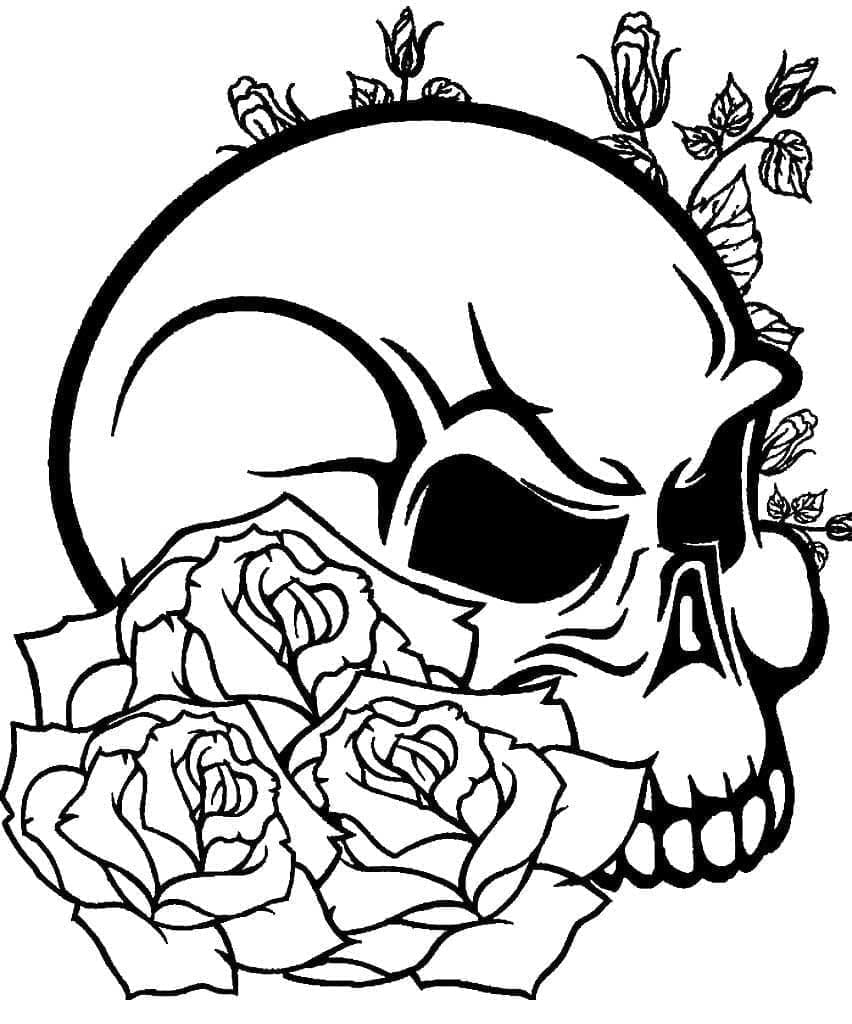 Printable Roses And Skull Tattoo Coloring Page