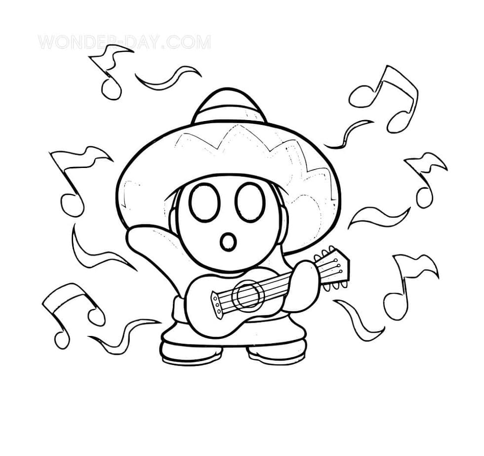 Printable Shy Guy Mario is Playing Guitar Coloring Page