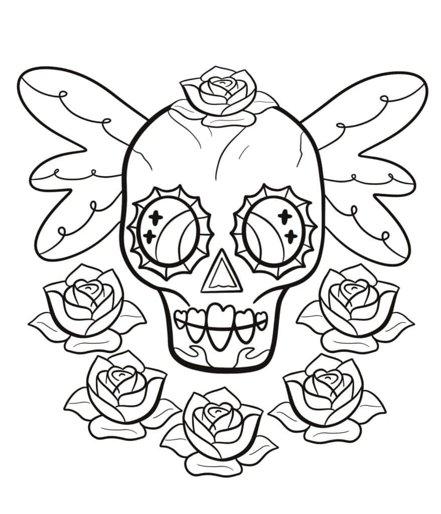 Printable Skull And Roses Tattoo Coloring Page