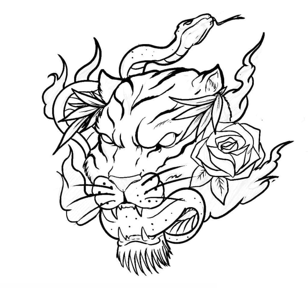 Printable Snake And Tiger Tattoo Coloring Page