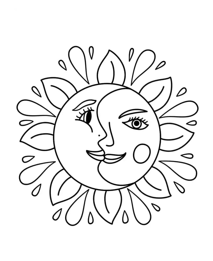 Printable Sun and Moon Trippy Coloring Page