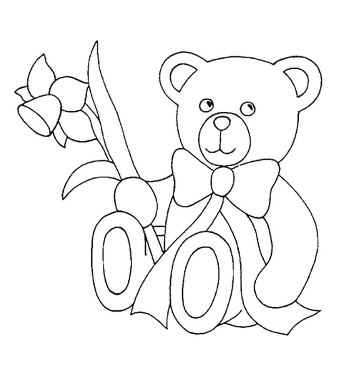 Printable Teddy Bear Holding Flower Coloring Page