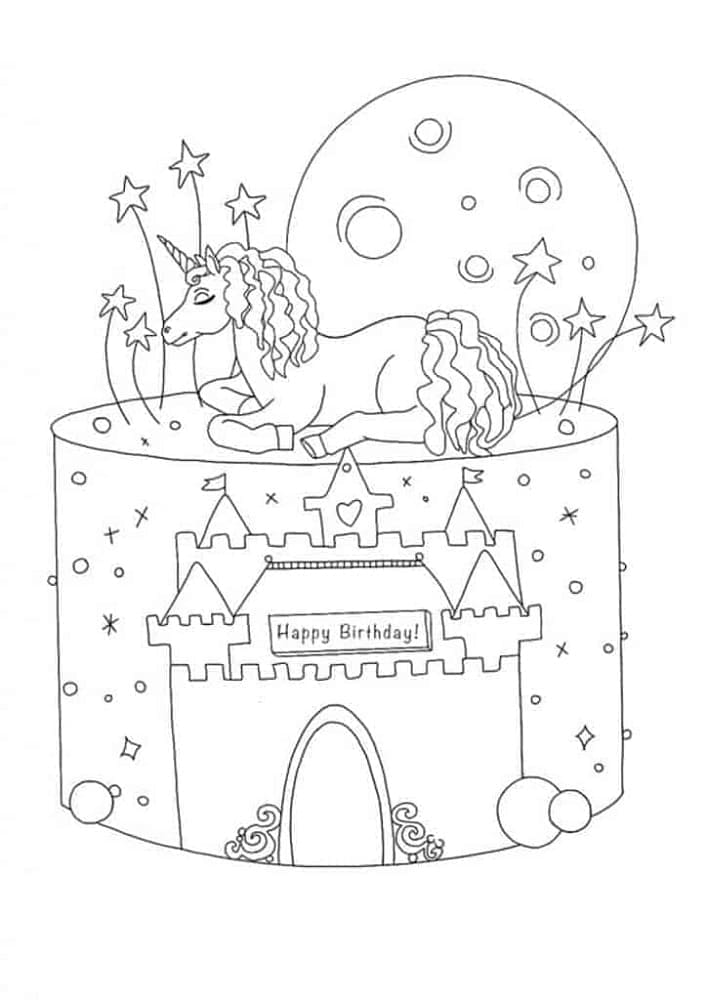 Printable Unicorn Birthday Cake Coloring Page