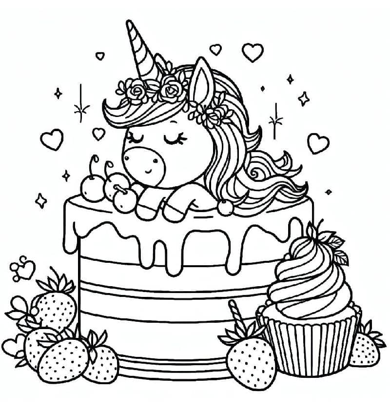 Printable Unicorn Cake And Cupcake Coloring Page