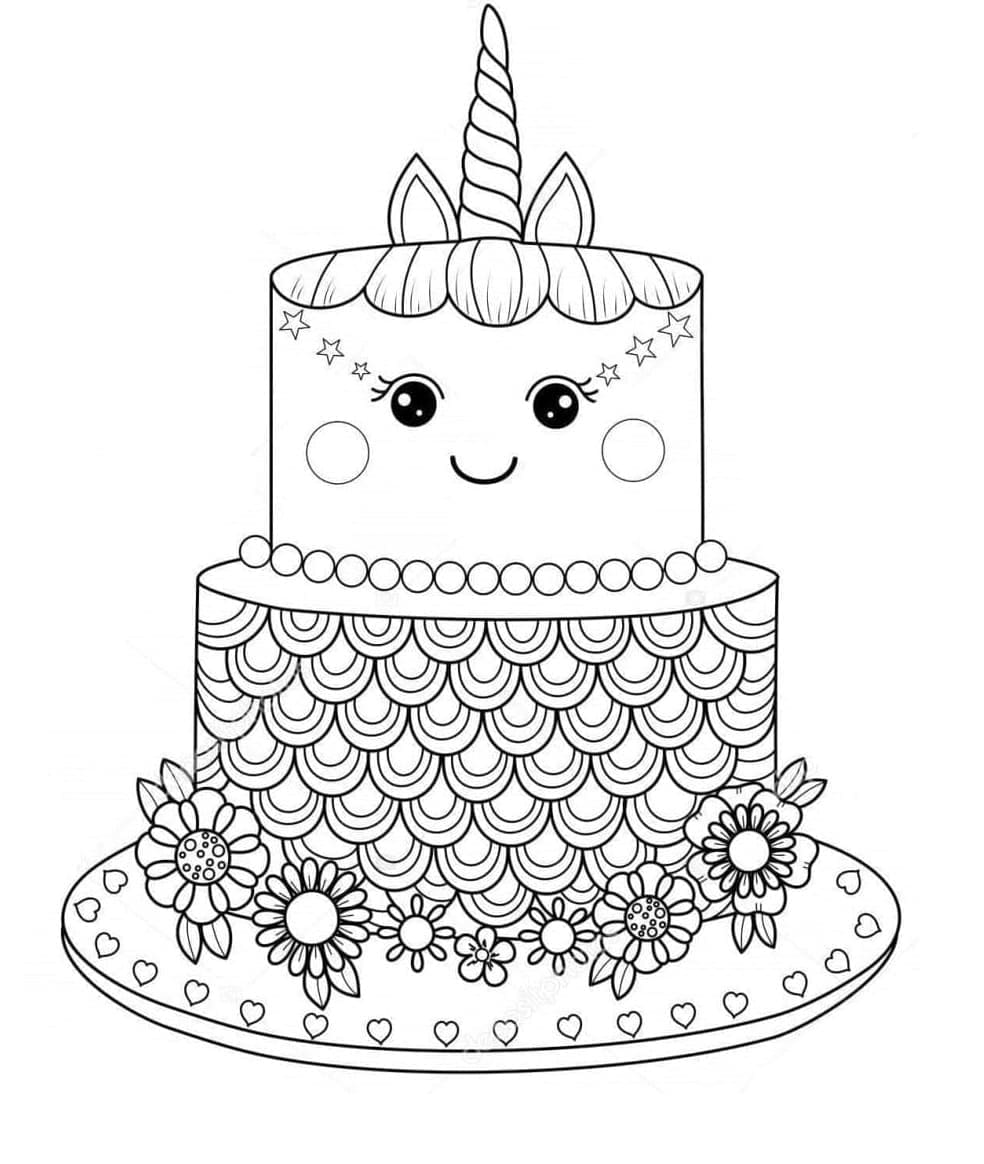 Printable Unicorn Cake For Free Coloring Page