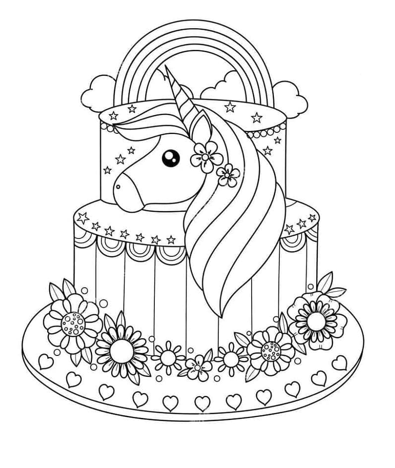 Printable Unicorn Cake For Kid Coloring Page