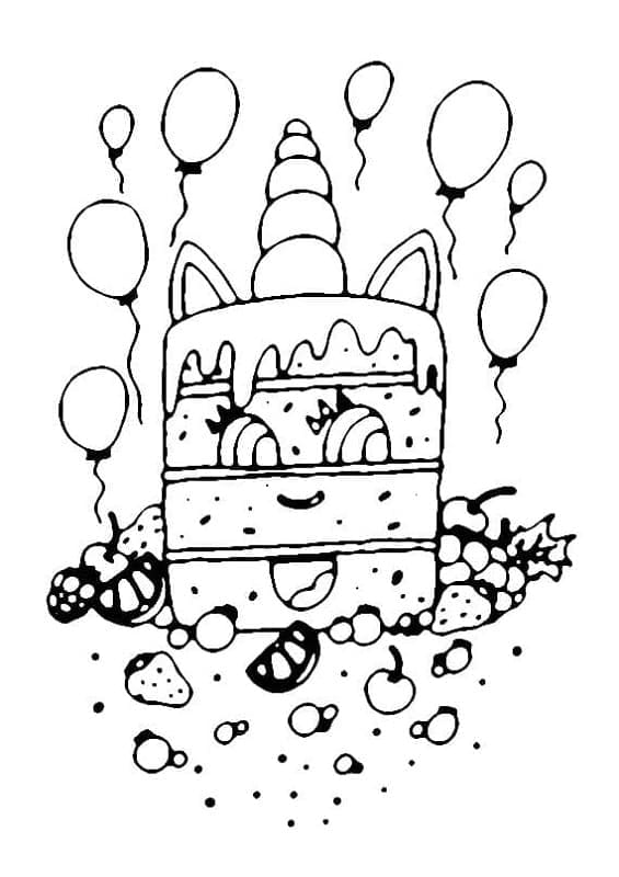 Printable Unicorn Cake and Balloons Coloring Page