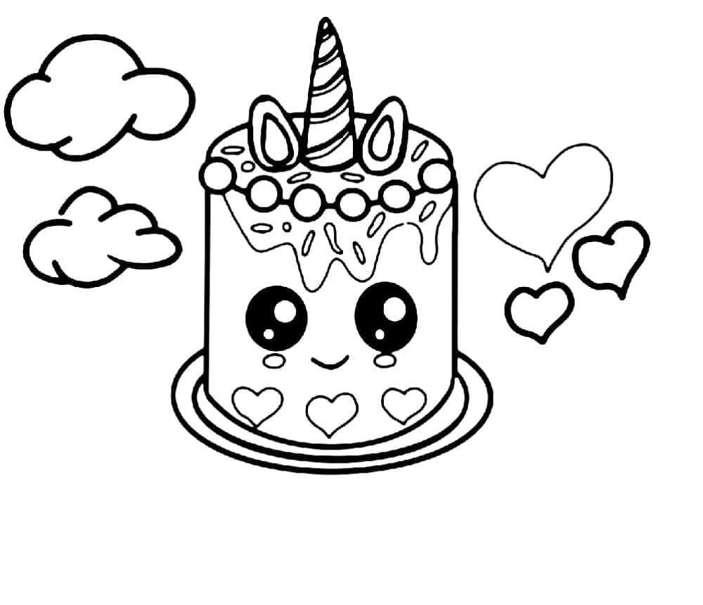 Printable Unicorn Cake with Hearts and Clouds Coloring Page