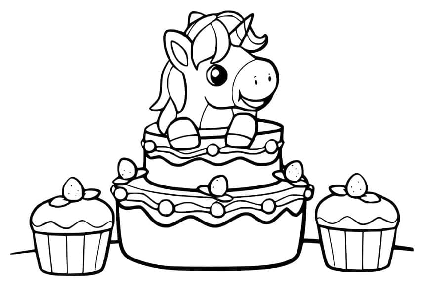 Printable Very Cute Unicorn Cake Coloring Page