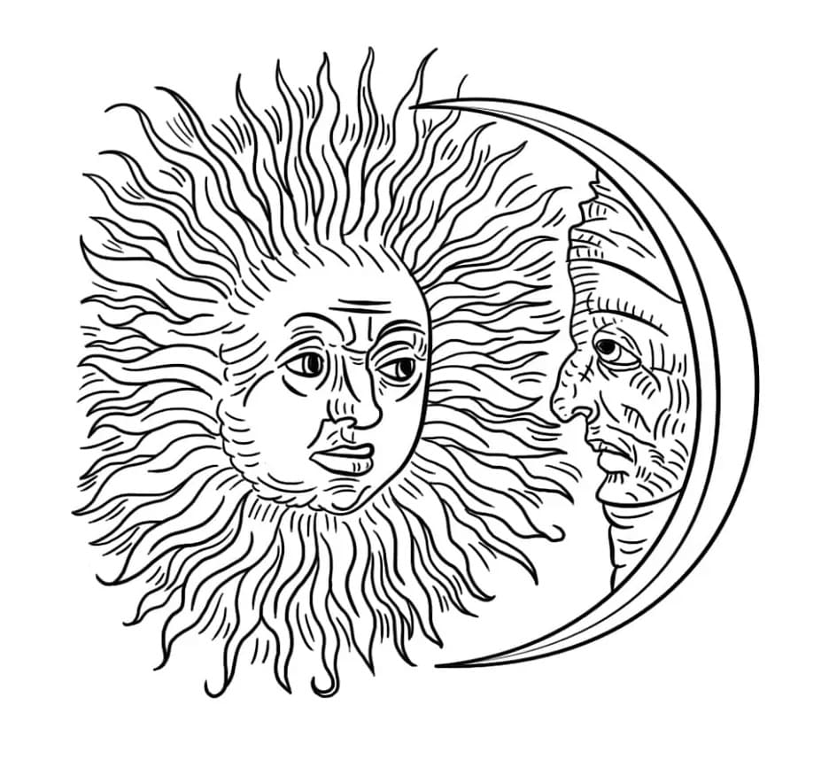Printable Vintage Sun And Moon Coloring Page