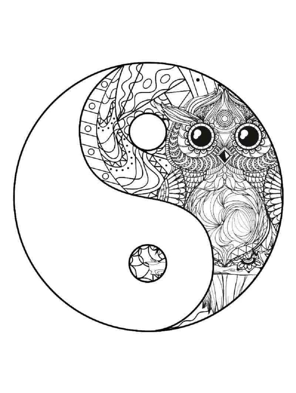 Printable Yin Yang with Owl Coloring Page