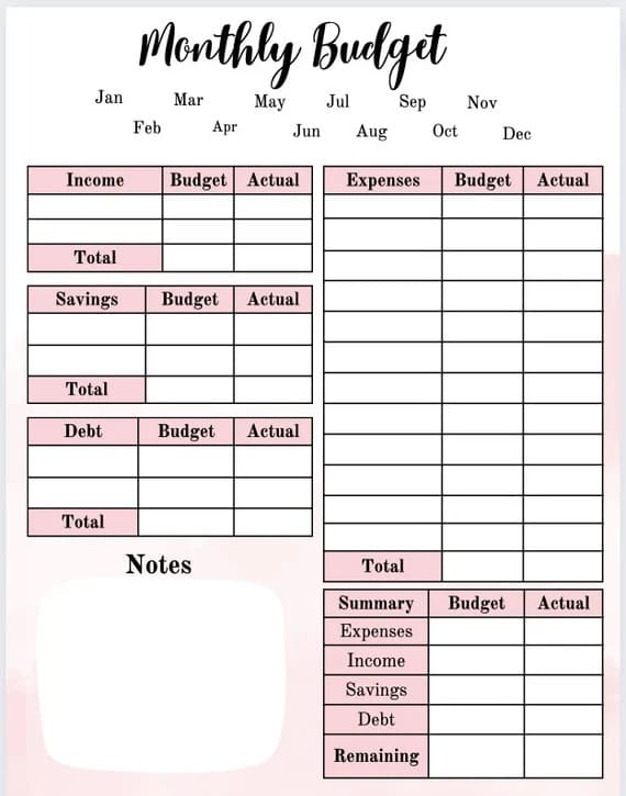Easy to Use Printable Monthly Budget Template