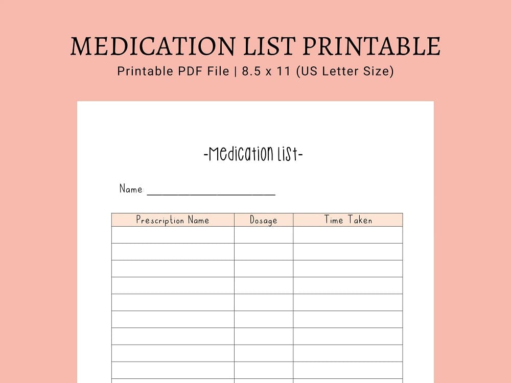 Free Medication List Template Printable