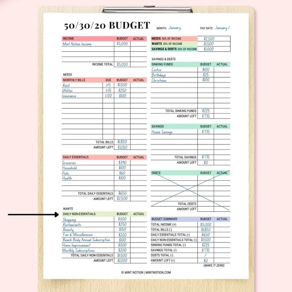 Printable 50-30-20 Budget Template Free Download
