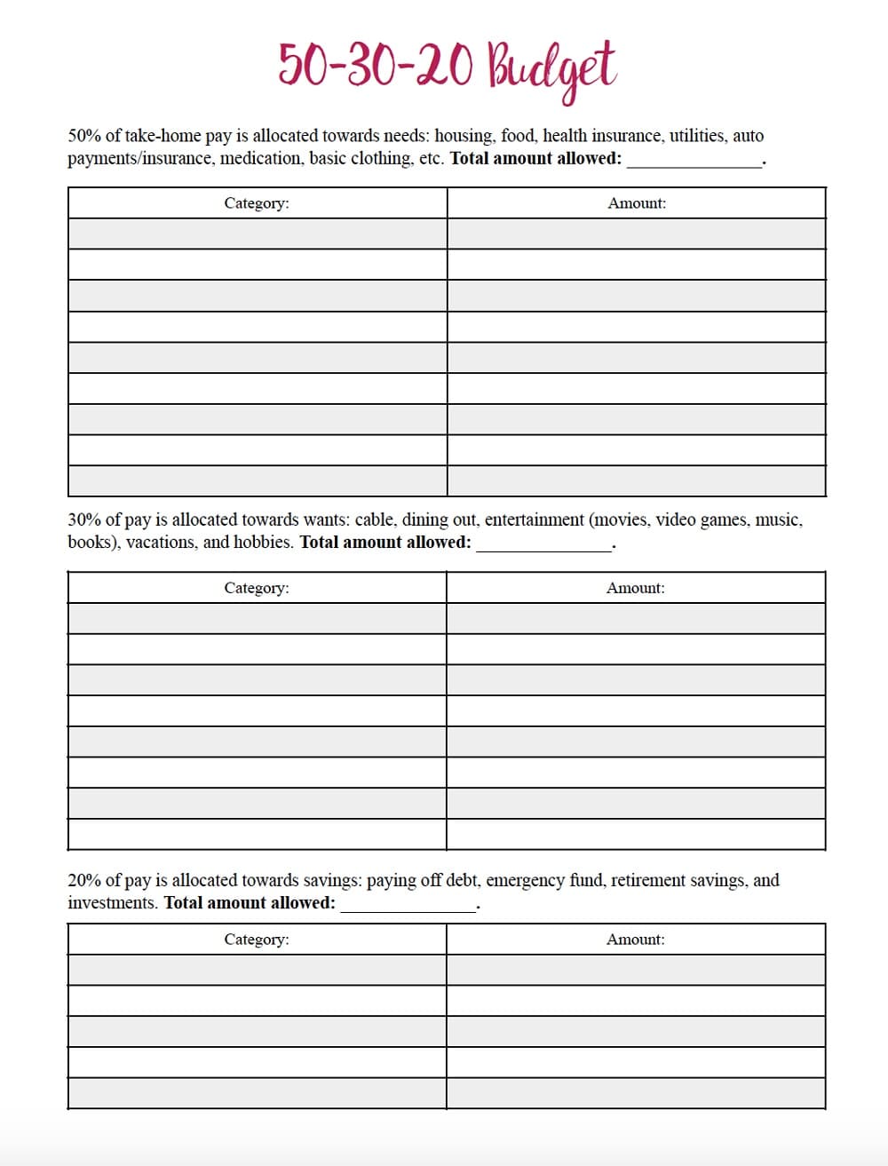 Printable 50-30-20 Budget Template Free Picture