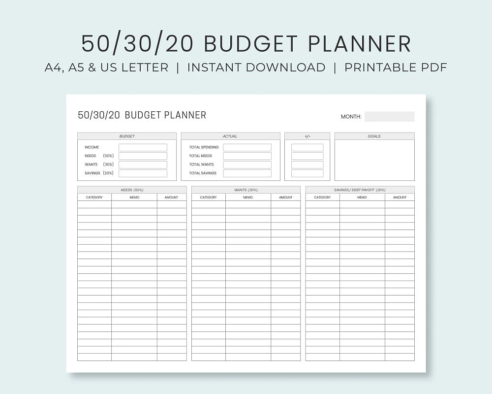 Printable 50-30-20 Budget Template Free
