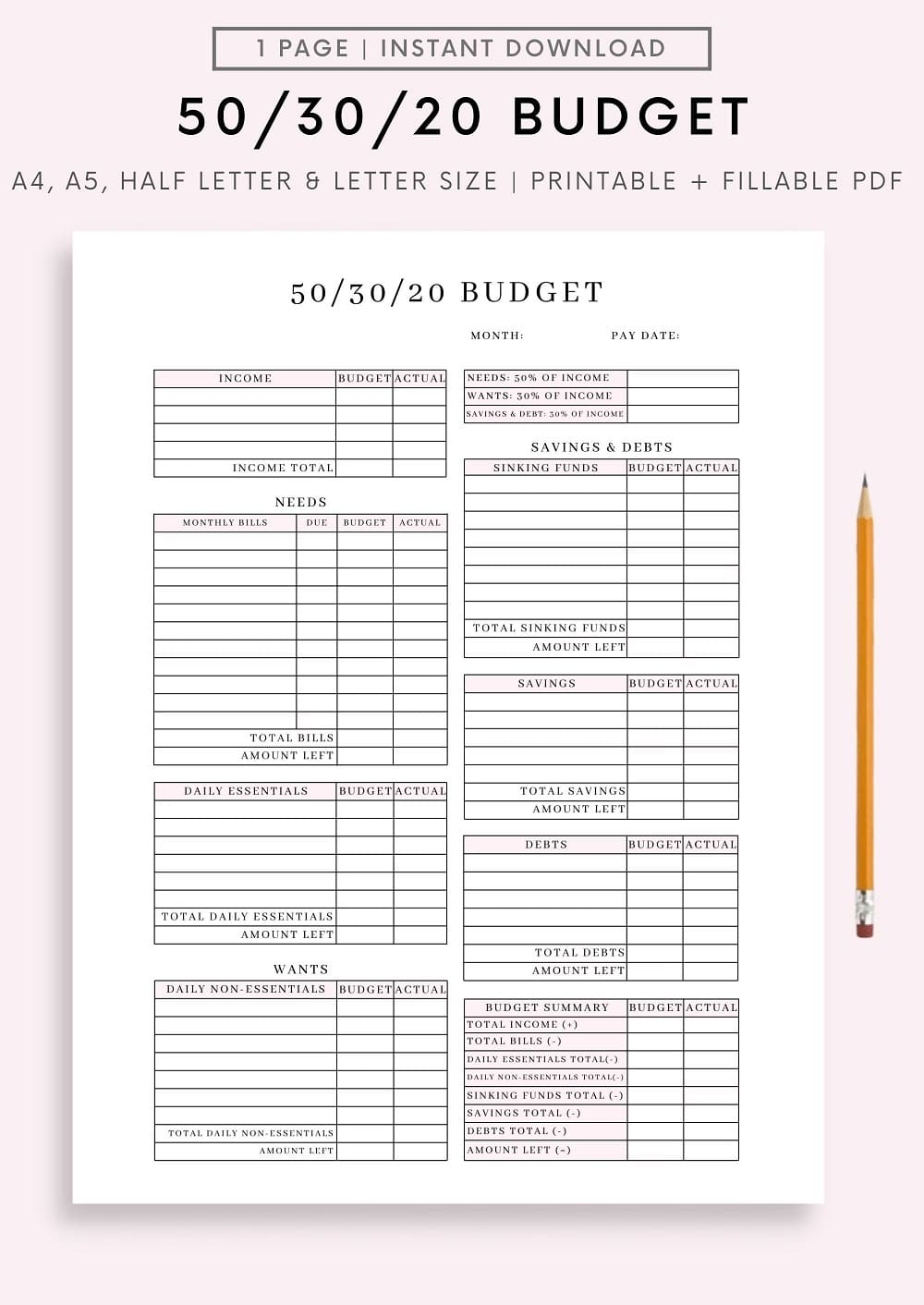 Printable 50-30-20 Budget Template Images