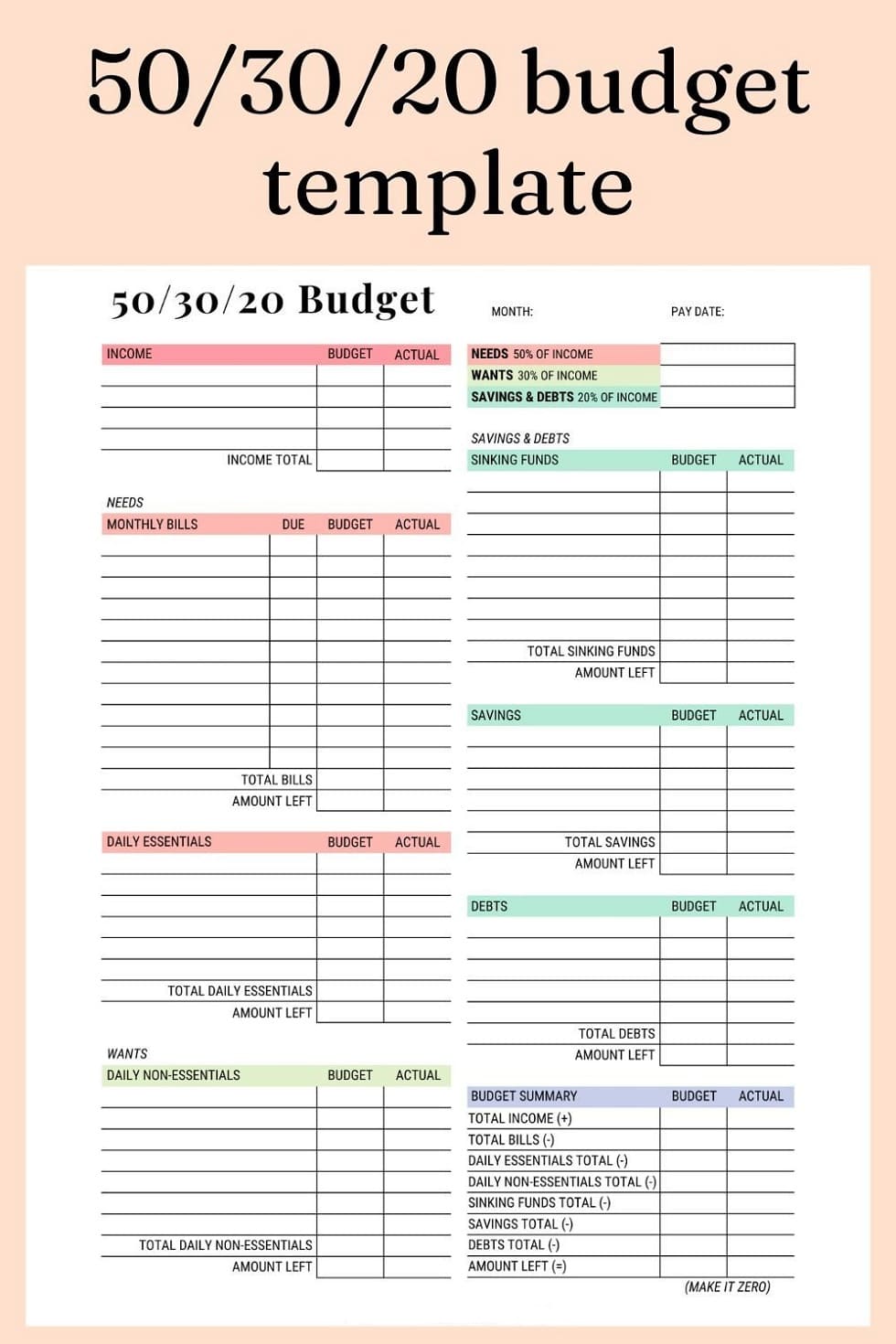 Printable 50-30-20 Budget Template Photo