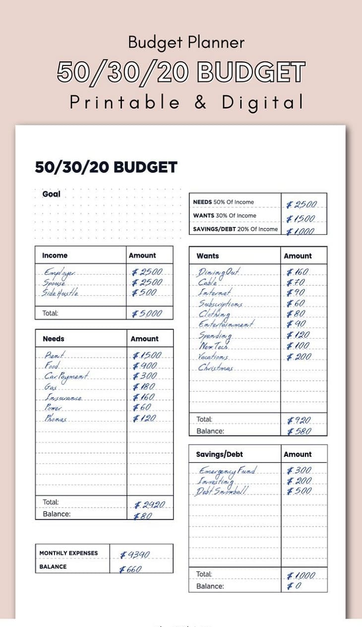Printable 50-30-20 Budget Template Picture