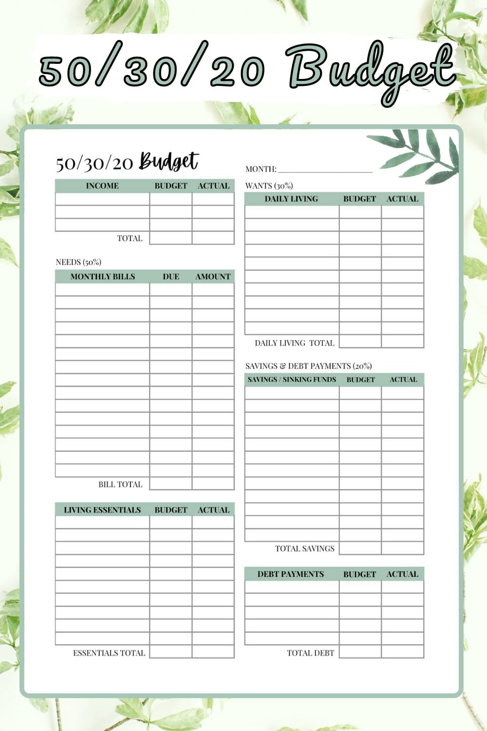 Printable Basic 50-30-20 Budget Template