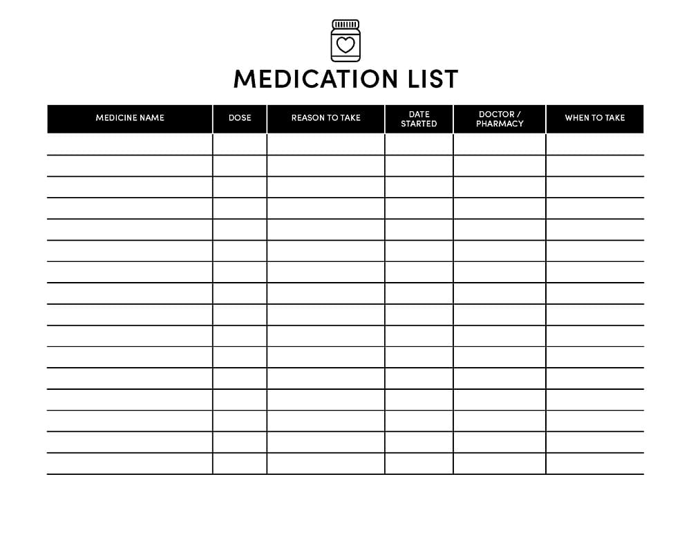 Printable Basic Medication List Template Download